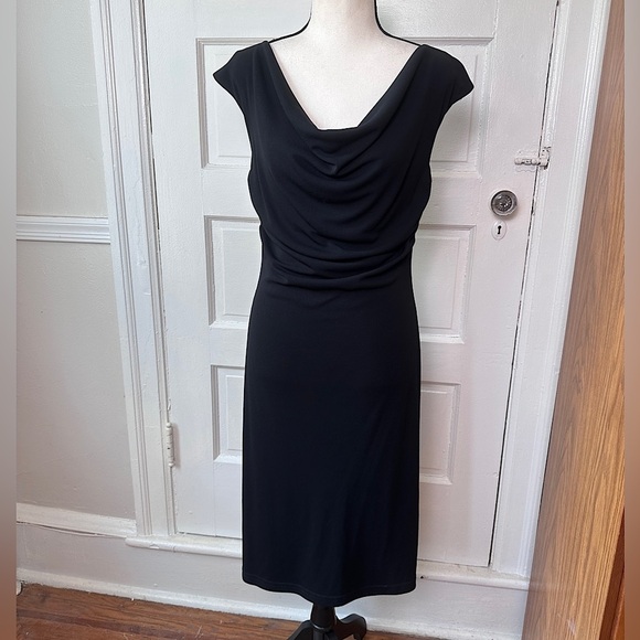 Byer Too! Y2K Classic Black Dress Cowl Neck Split Shoulder Seam Minimalist Sz M - Picture 14 of 17